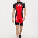 Black Latex Bodysuit with Blue Trim For Men