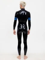 Black Latex Bodysuit with Blue Trim For Men