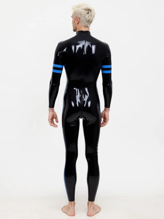 Black Latex Bodysuit with Blue Trim For Men