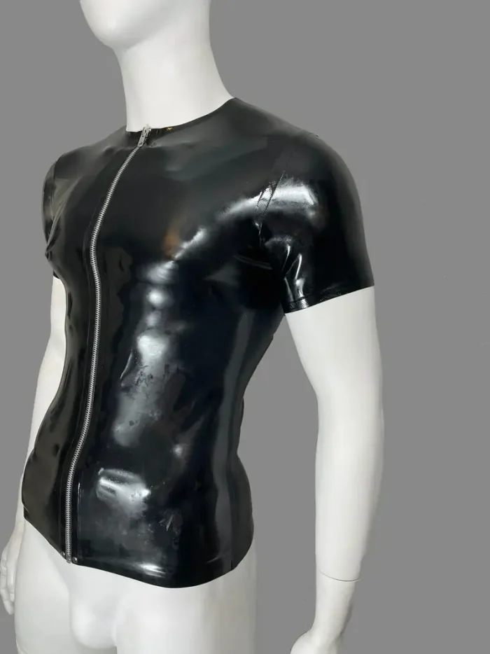 Black Short Sleeve Latex Short with Zipper