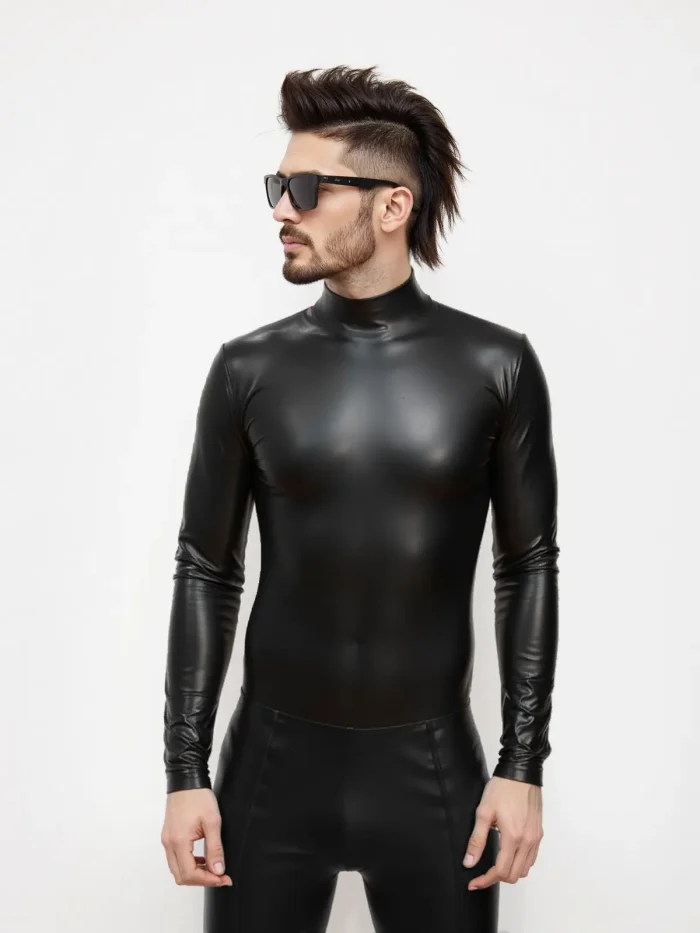 Black Latex Long Sleeve High Neck Shirt
