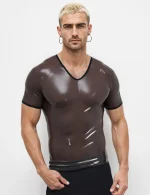 Latex Men's Translucent Black V-Neck T-Shirt with Black Trim