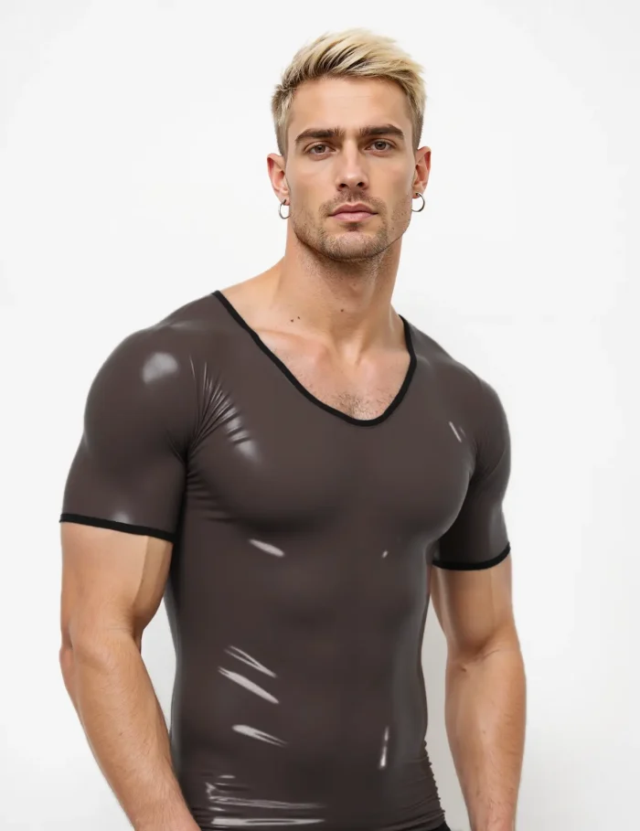 Latex Men's Translucent Black V-Neck T-Shirt with Black Trim