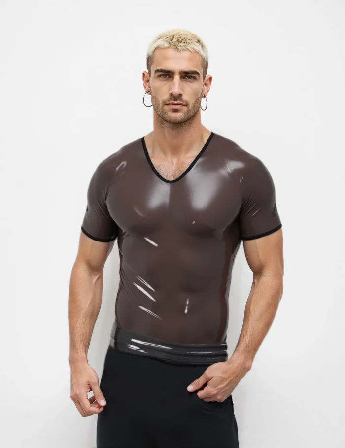 Latex Men's Translucent Black V-Neck T-Shirt with Black Trim