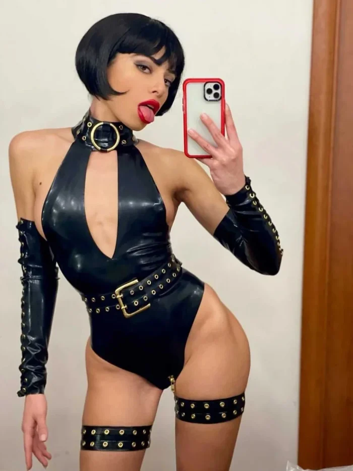 Latex Krystal bodysuit in Black and Gold. Belt not included