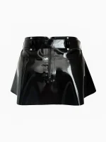 Latex A-Line Mini Skirt with Waist Belt & Dual Side Buckle Detail