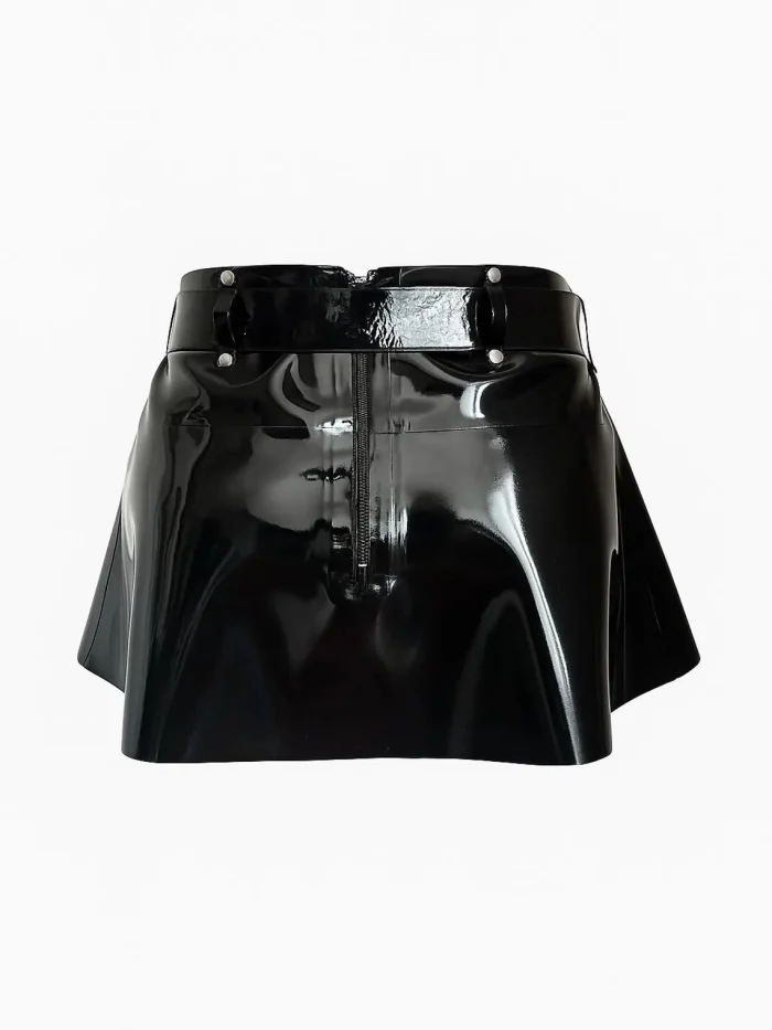 Latex A-Line Mini Skirt with Waist Belt & Dual Side Buckle Detail