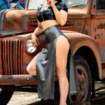 Latex A-Line Mini Skirt with Waist Belt & Dual Side Buckle Detail