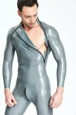 Male Diagonal Zip Long Sleeves Latex Catsuit