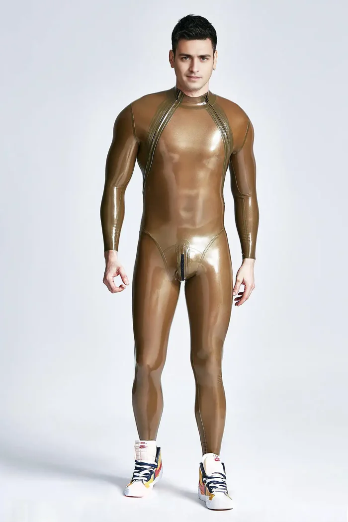 Male Diagonal Zip Long Sleeves Latex Catsuit