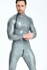 Male Diagonal Zip Long Sleeves Latex Catsuit