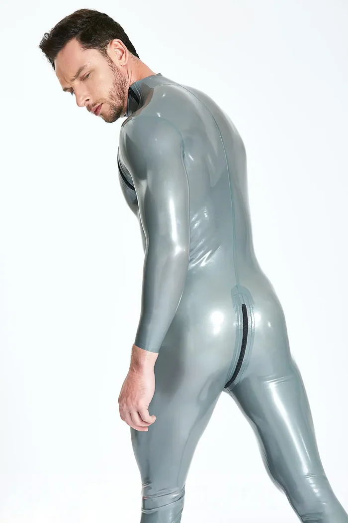 Male Diagonal Zip Long Sleeves Latex Catsuit