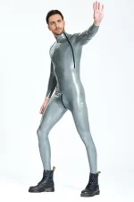 Male Diagonal Zip Long Sleeves Latex Catsuit