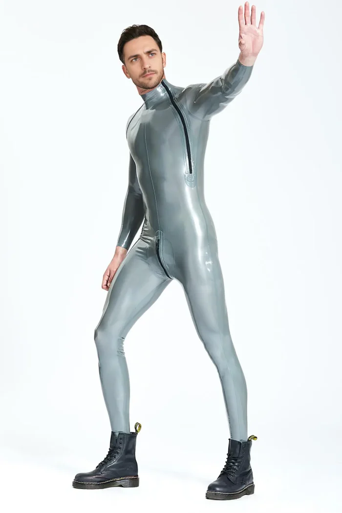 Male Diagonal Zip Long Sleeves Latex Catsuit