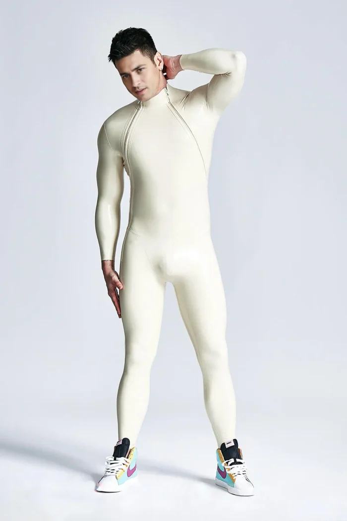 Male Diagonal Zip Long Sleeves Latex Catsuit