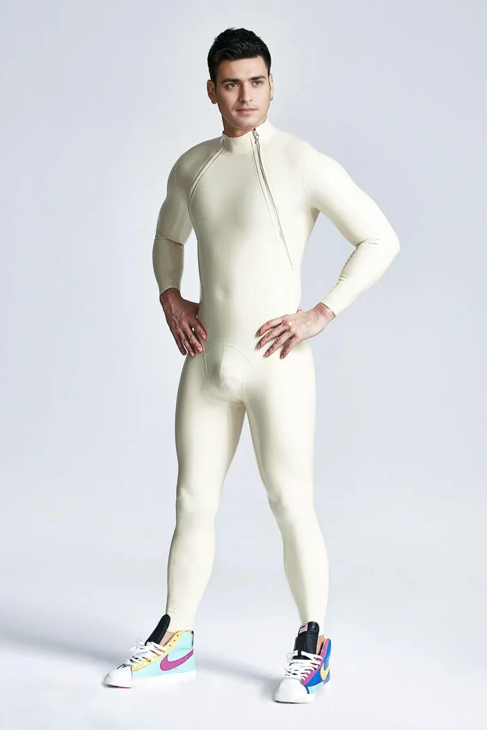 Male Diagonal Zip Long Sleeves Latex Catsuit