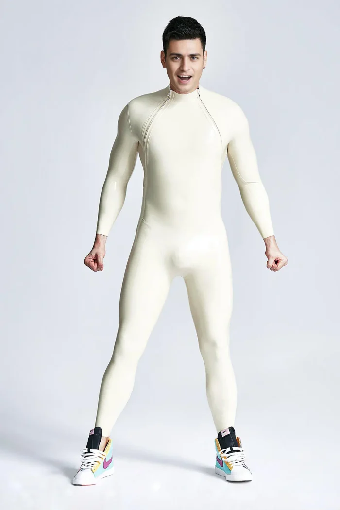 Male Diagonal Zip Long Sleeves Latex Catsuit
