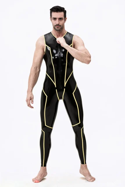 Latex Wolverine Sleeveless Catsuit with Yellow Stripes