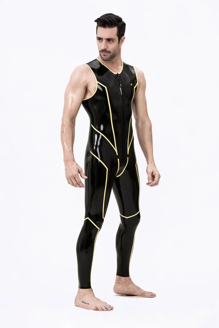 Latex Wolverine Sleeveless Catsuit with Yellow Stripes