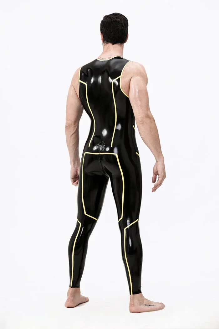 Latex Wolverine Sleeveless Catsuit with Yellow Stripes