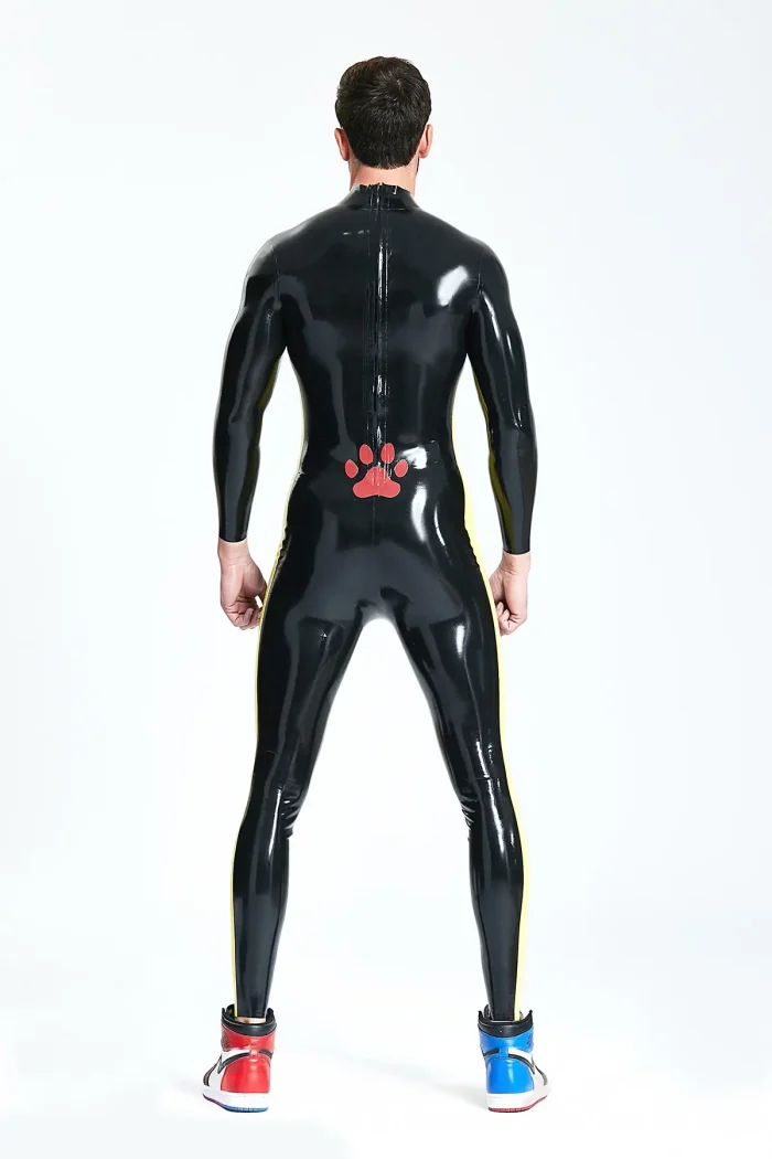 Black Latex Catsuit with Red Paw Print