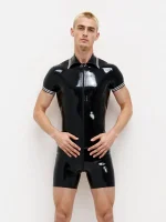 Black Latex Short Sleeve Polo-Style Bodysuit with White Trim