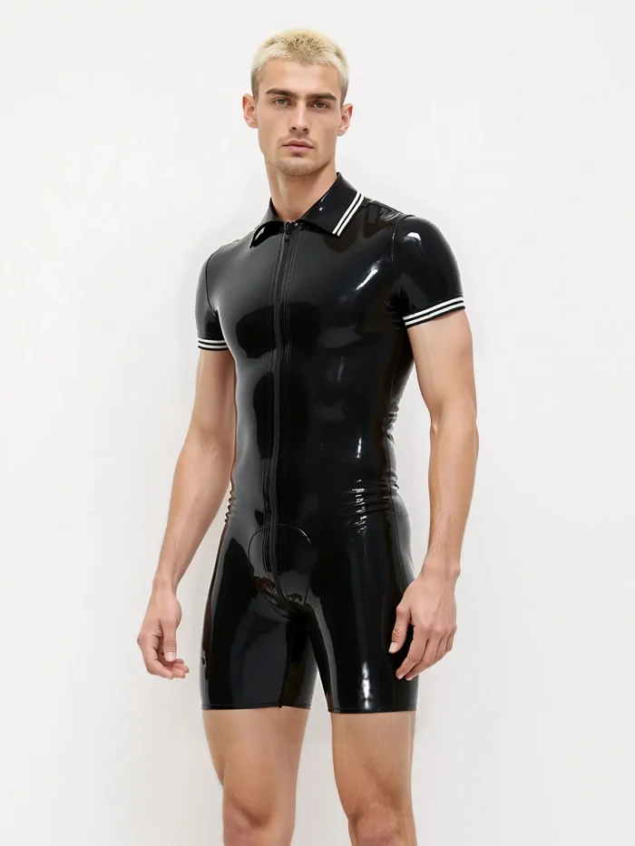 Black Latex Short Sleeve Polo-Style Bodysuit with White Trim