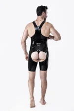 Black Latex Open Crotch Wrestling Bodysuit