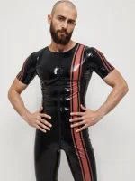 Latex Short Sleeve Vertical Stripes Bodysuit For Men
