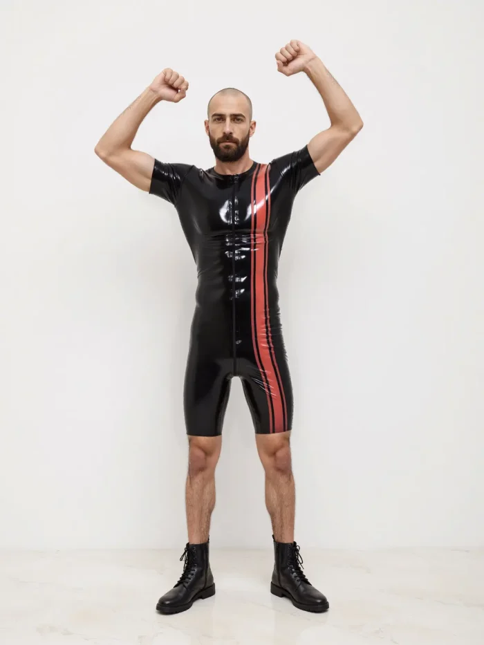 Latex Short Sleeve Vertical Stripes Bodysuit For Men