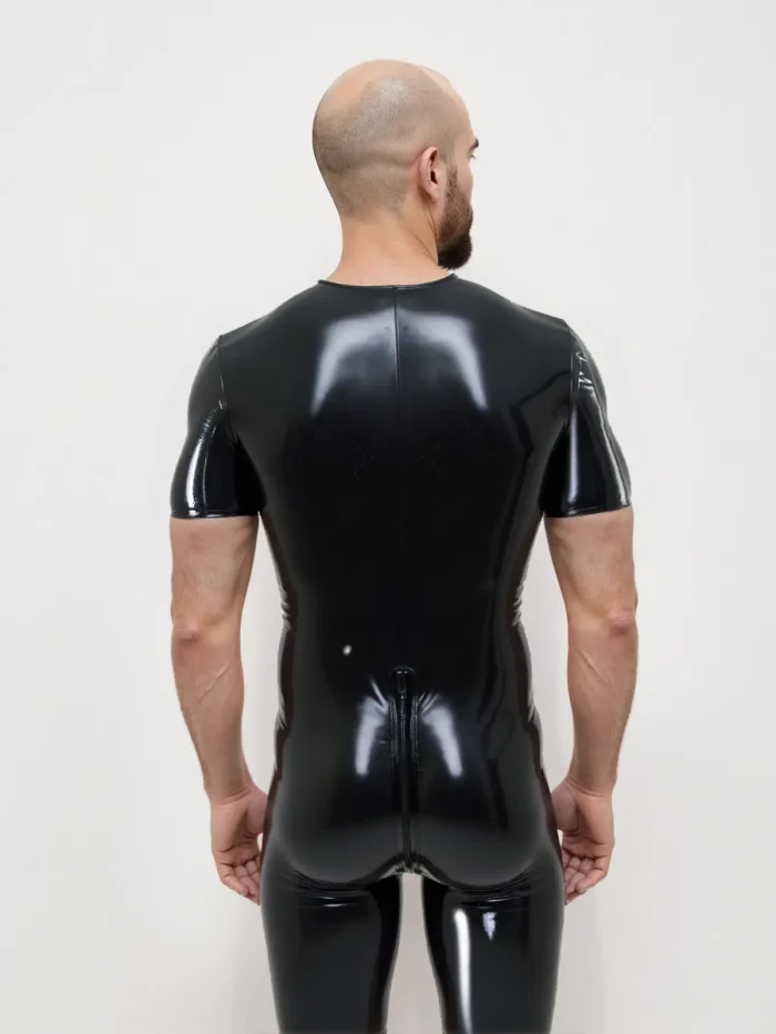 Latex Short Sleeve Vertical Stripes Bodysuit For Men