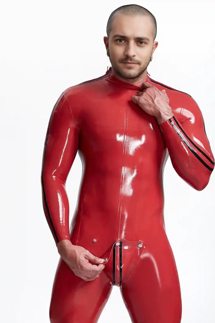 Double Double Striper Shoulder Zipper Latex Catsuit