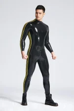 Latex Triple Striper Catsuit with Shoulder Zip