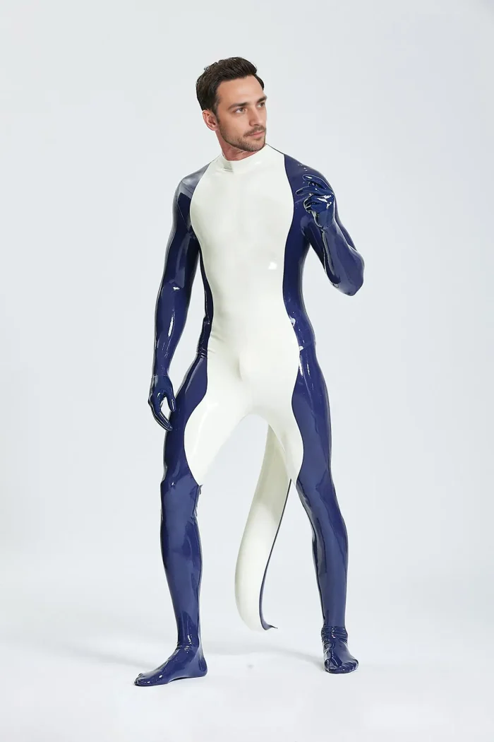 Latex Inflated Tail Catsuit Include Feet & Gloves For Men