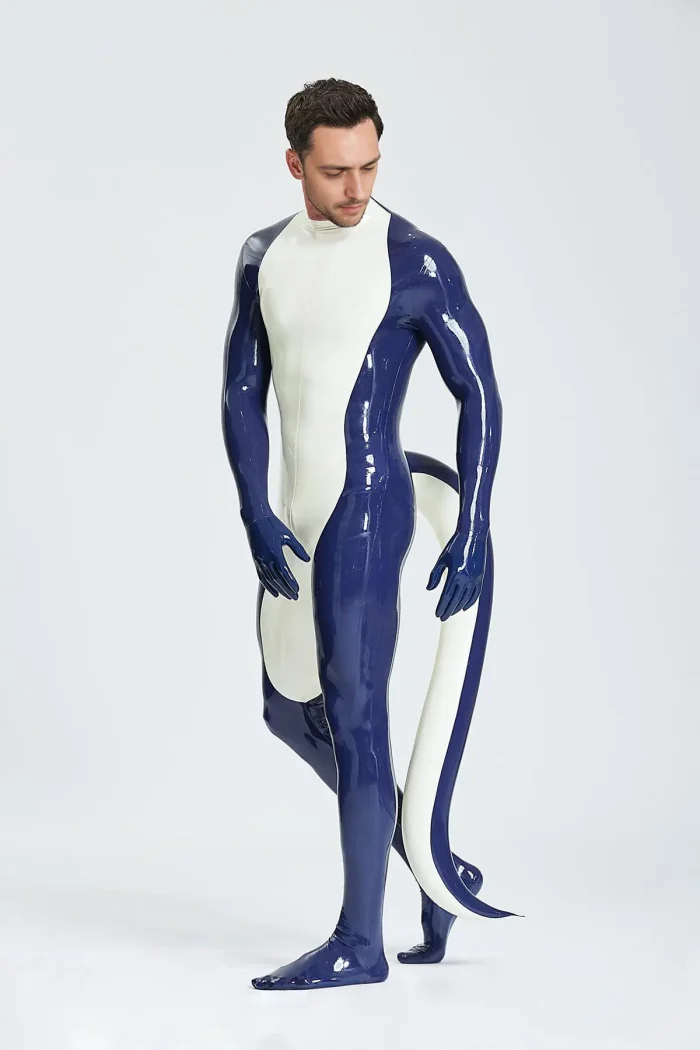 Latex Inflated Tail Catsuit Include Feet & Gloves For Men