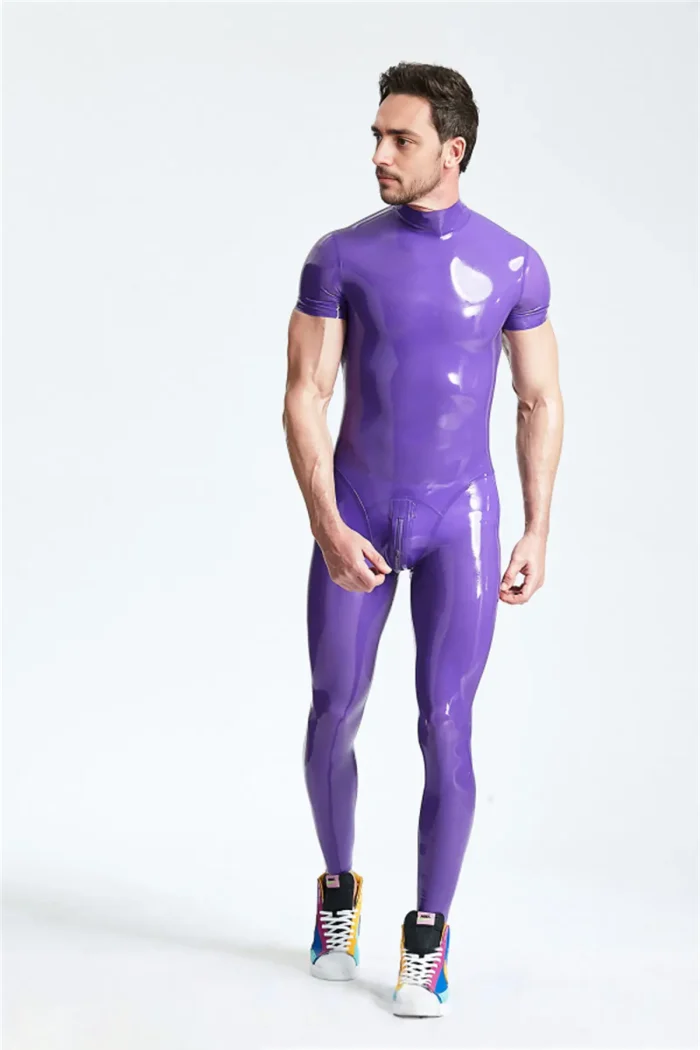 Latex Catsuit in Purple with Short Sleeves