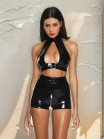 Black Latex Buckle Crop Top