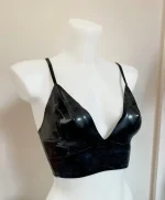 Black Latex Sweetheart V-Neck Bralette Crop Top