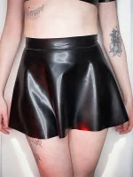 Black Latex Mini Skater Skirt with Flared Hem