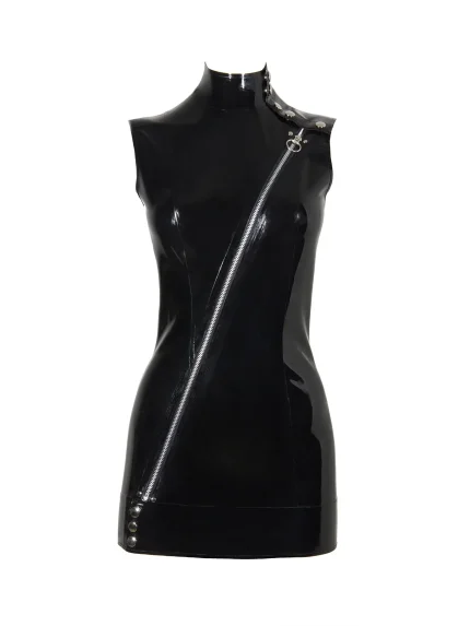 Black Sleeveless Latex Dress with Side Zipper