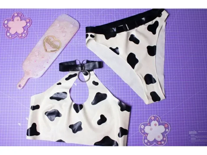 Cow Print Latex Bra & Bikini Set