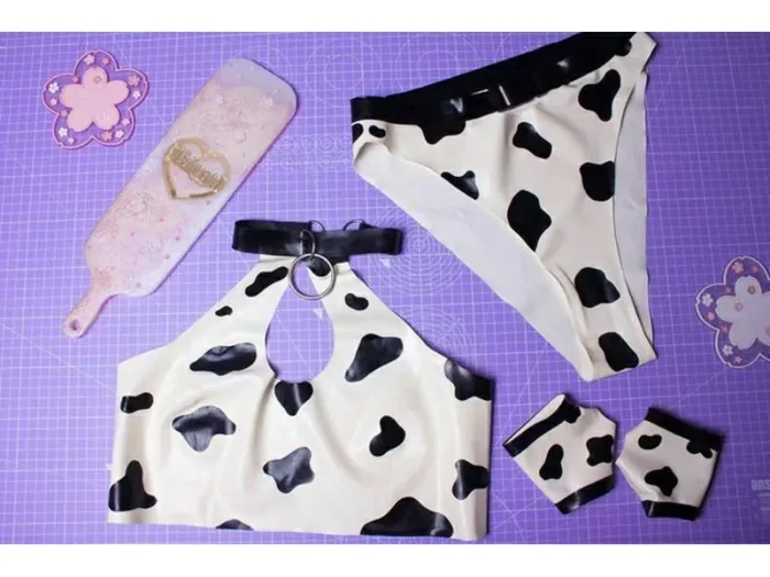 Cow Print Latex Bra & Bikini Set