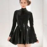 Red Latex High Neck Long Sleeve Mini Dress
