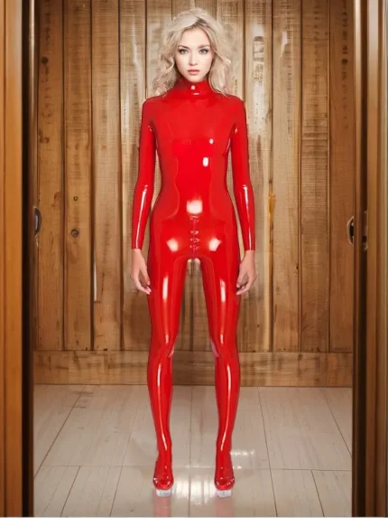Latex High Collar Red Standard Female Catsuit