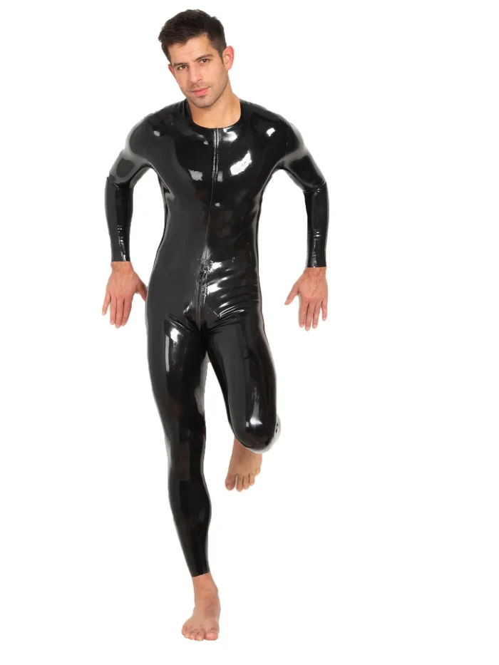Latex Neck Entry Long Sleeves Catsuit Crotch Zip