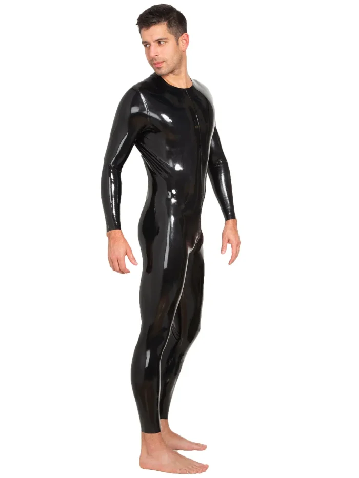 Latex Neck Entry Long Sleeves Catsuit Crotch Zip