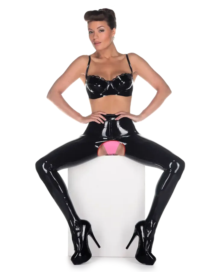 Latex Black High Waist Open Crotch Leggings