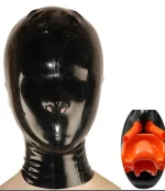 Latex Full Face Fetish Hood with Nasal Tubes and Red Teeth Gag