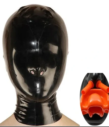Latex Full Face Fetish Hood with Nasal Tubes and Red Teeth Gag
