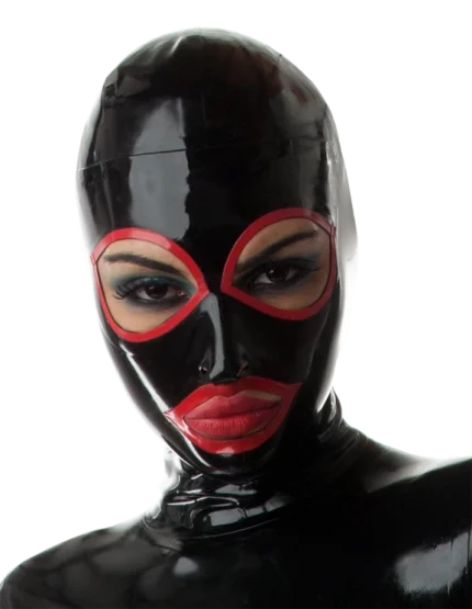 Black Latex Hood Big Eyes with Red Trim